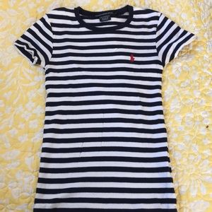 Navy and white striped short sleeved T-shirt